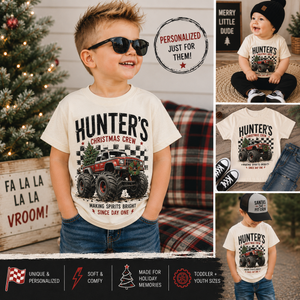 Personalized Monster Truck Christmas Shirt, Custom Name Christmas Shirt, Kids Christmas Truck Tee, Toddler Christmas Shirt, Christmas Crew Shirt, Holiday Gift