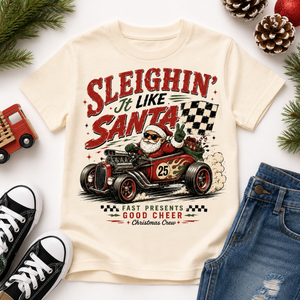 Funny Santa Christmas Shirt, Sleighin It Like Santa Tee, Toddler Holiday Shirt, Baby Christmas Outfit, Retro Race Car Christmas Shirt