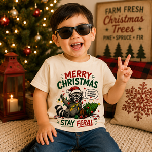 Merry Christmas Stay Feral Shirt, Funny Raccoon Christmas Shirt, Toddler Christmas Shirt, Baby Christmas Bodysuit, Retro Holiday Tee, Kids Christmas Outfit