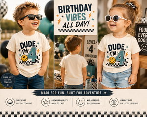 4th Birthday Shirt, Dude I'm 4 Shirt, Fourth Birthday Shirt, 4 Year Old Birthday Outfit, Boys Girls Birthday Tee, Toddler Birthday Gift