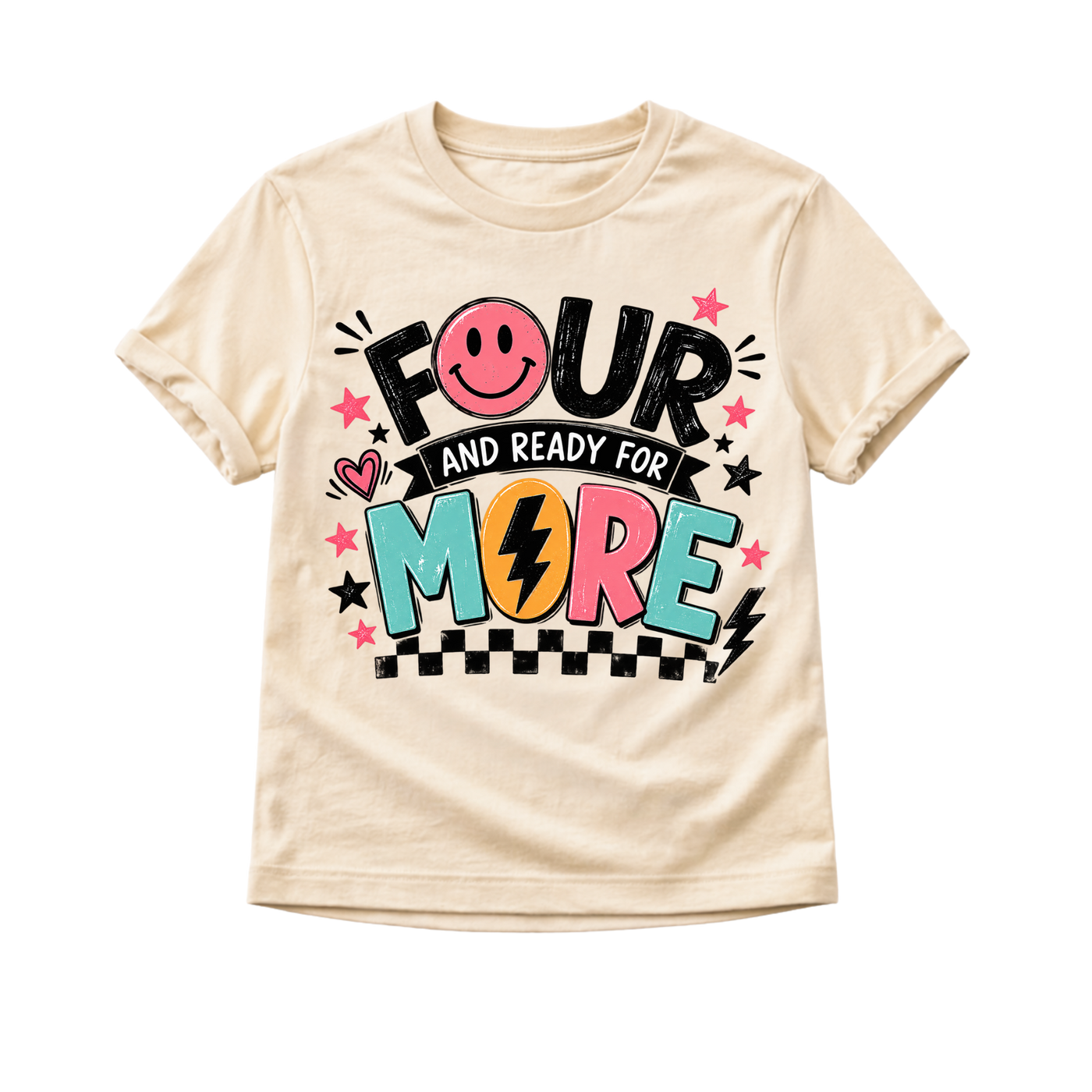 4th Birthday Shirt for Girls, Four and Ready for More Shirt, Girls 4th Birthday Outfit, Smiley Birthday Tee, Turning Four Shirt