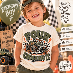 4th Birthday Boy Shirt, Monster Truck Birthday Shirt, Four and Still Crushing It, 4 Year Old Boy Birthday Outfit, Monster Truck Party Tee