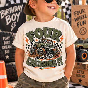4th Birthday Boy Shirt, Monster Truck Birthday Shirt, Four and Still Crushing It, 4 Year Old Boy Birthday Outfit, Monster Truck Party Tee