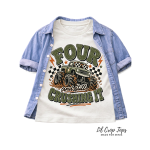4th Birthday Boy Shirt, Monster Truck Birthday Shirt, Four and Still Crushing It, 4 Year Old Boy Birthday Outfit, Monster Truck Party Tee