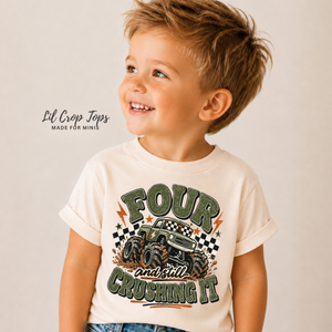 4th Birthday Boy Shirt, Monster Truck Birthday Shirt, Four and Still Crushing It, 4 Year Old Boy Birthday Outfit, Monster Truck Party Tee