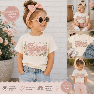 Custom Name Shirt for Girls, Personalized Toddler Shirt, Floral Name Shirt, Retro Kids Tee, Boutique Girl Shirt, Custom Birthday Gift