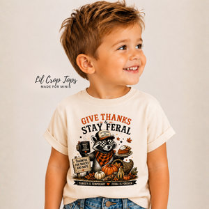 Give Thanks Stay Feral Thanksgiving Shirt, Funny Raccoon Shirt, Baby Thanksgiving Outfit, Toddler Turkey Day Shirt, Fall Kids Tee