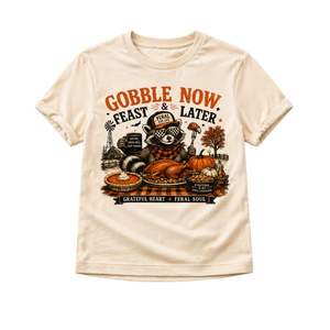 Funny Thanksgiving Raccoon Shirt, Gobble Now Feast Later Tee, Toddler Turkey Shirt, Baby Fall Bodysuit, Thanksgiving Outfit for Kids