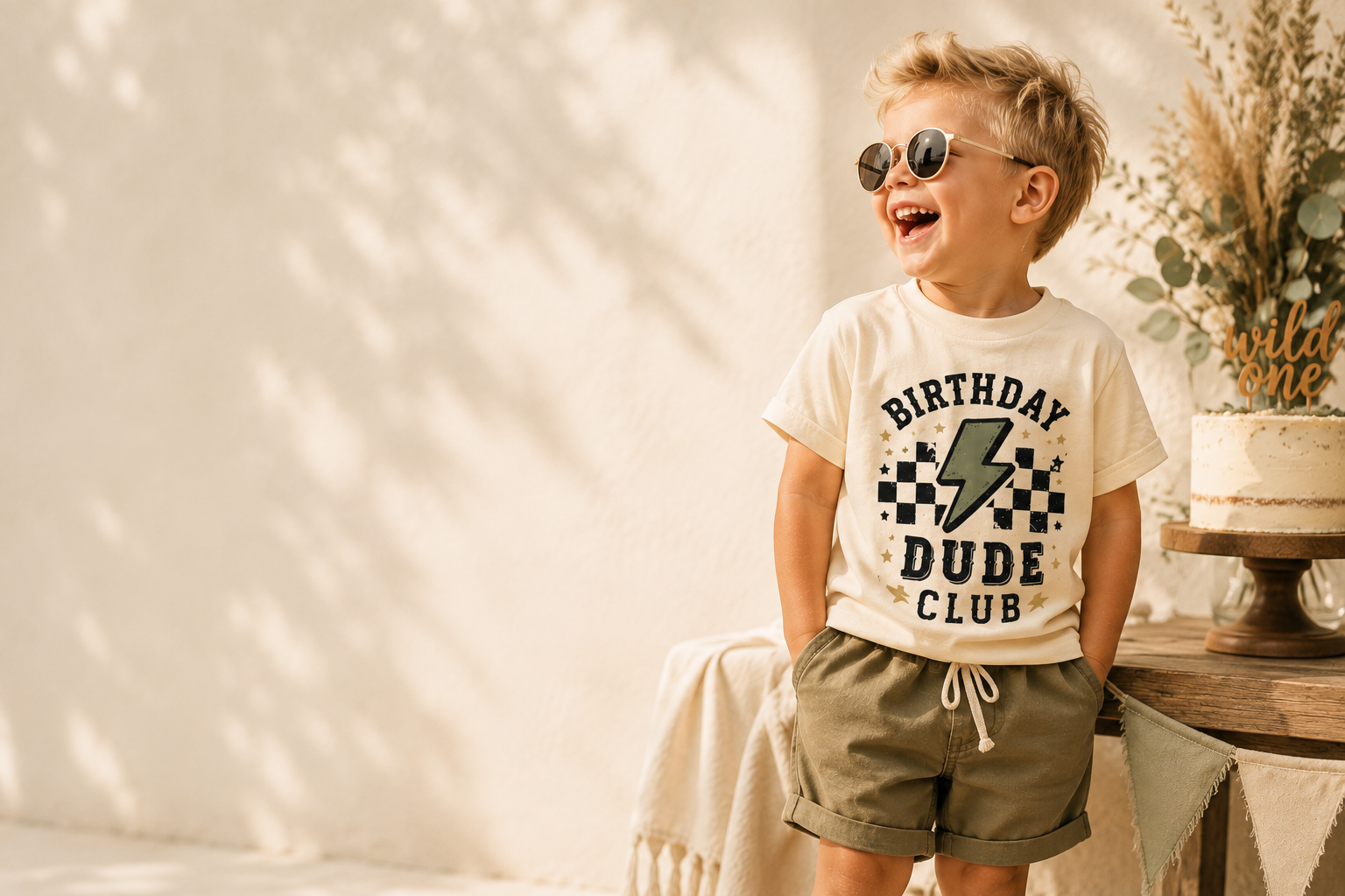 Child wearing a little tee in a soft nursery