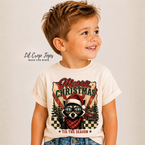 Kids Christmas Shirt, Merry Christmas Raccoon Tee, Toddler Christmas Shirt, Baby Christmas Bodysuit, Retro Holiday Outfit