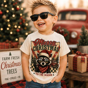 Kids Christmas Shirt, Merry Christmas Raccoon Tee, Toddler Christmas Shirt, Baby Christmas Bodysuit, Retro Holiday Outfit