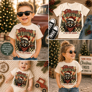 Kids Christmas Shirt, Merry Christmas Raccoon Tee, Toddler Christmas Shirt, Baby Christmas Bodysuit, Retro Holiday Outfit