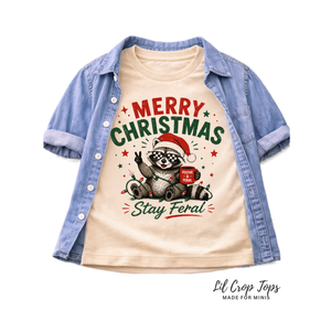 Funny Raccoon Christmas Shirt, Merry Christmas Stay Feral Tee, Retro Christmas Shirt for Kids, Baby Holiday Bodysuit, Toddler Christmas Outfit