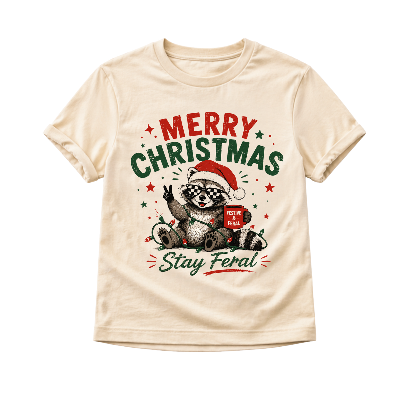 Funny Raccoon Christmas Shirt, Merry Christmas Stay Feral Tee, Retro Christmas Shirt for Kids, Baby Holiday Bodysuit, Toddler Christmas Outfit