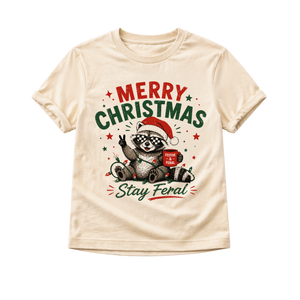 Funny Raccoon Christmas Shirt, Merry Christmas Stay Feral Tee, Retro Christmas Shirt for Kids, Baby Holiday Bodysuit, Toddler Christmas Outfit