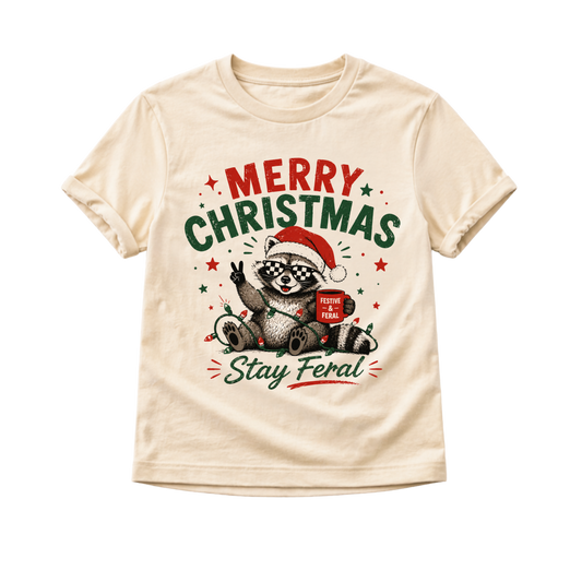 Funny Raccoon Christmas Shirt, Merry Christmas Stay Feral Tee, Retro Christmas Shirt for Kids, Baby Holiday Bodysuit, Toddler Christmas Outfit