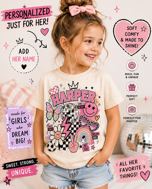 Personalized Girls Shirt, Custom Name Toddler Tee, Girls Name Shirt, Personalized Kids Shirt, Retro Girl Graphic Tee, Birthday Gift for Girl