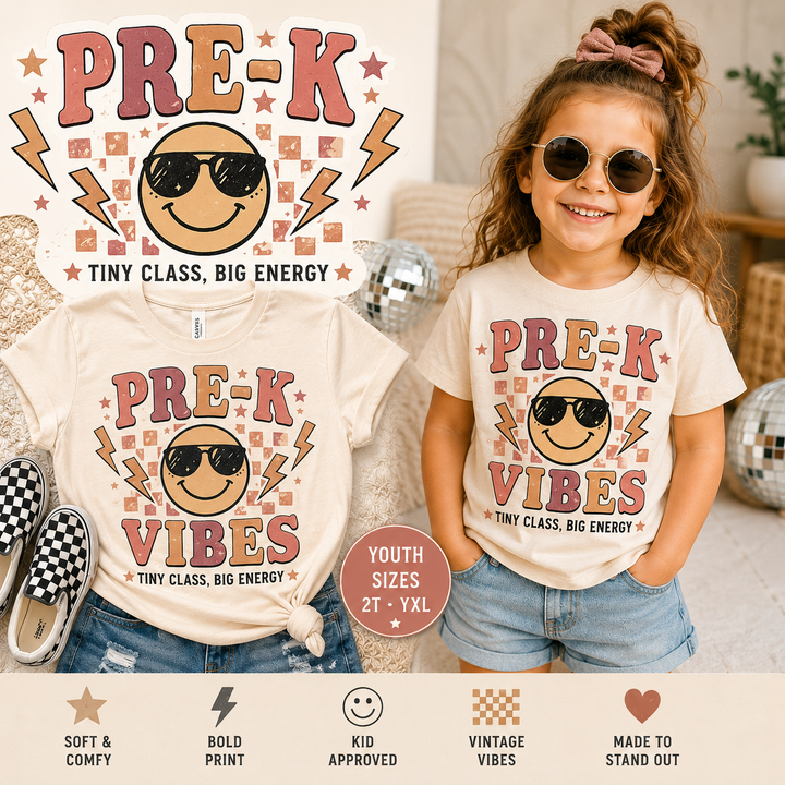 Pre K Vibes Back to School Shirt, First Day of Preschool Shirt, Toddler School Outfit, Retro Smiley Face Shirt, Preschool Tee
