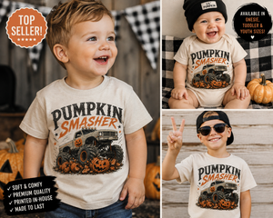 Monster Truck Halloween Shirt for Kids, Pumpkin Smasher Toddler Tee, Boys Halloween Shirt, Baby Halloween Bodysuit, Fall Truck Shirt