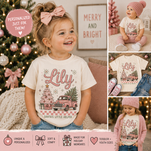 Personalized Christmas Shirt for Girls, Custom Name Christmas Shirt, Pink Vintage Truck Christmas Tee, Santa's Little Helper Shirt, Toddler Christmas Outfit