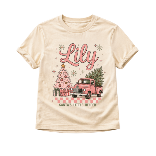 Personalized Christmas Shirt for Girls, Custom Name Christmas Shirt, Pink Vintage Truck Christmas Tee, Santa's Little Helper Shirt, Toddler Christmas Outfit