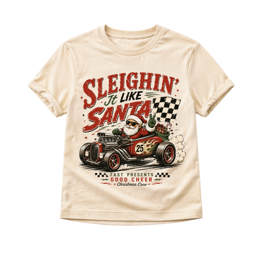 Funny Santa Christmas Shirt, Sleighin It Like Santa Tee, Toddler Holiday Shirt, Baby Christmas Outfit, Retro Race Car Christmas Shirt