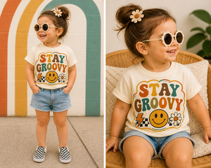 Stay Groovy Shirt, Retro Smiley Face Shirt, Toddler Graphic Tee, Boho Kids Shirt, Groovy Daisy Shirt, Vintage Rainbow Tee, Cute Kids Outfit