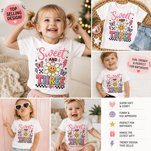 3rd Birthday Shirt for Girls, Sweet and Three Birthday Tee, Girls Third Birthday Outfit, Toddler Birthday Shirt, 3 Year Old Girl Gift