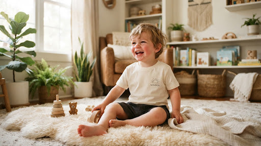 Child wearing a little tee in a soft nursery