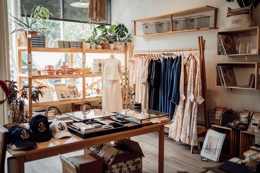 Warm boutique workspace with apparel and printing supplies